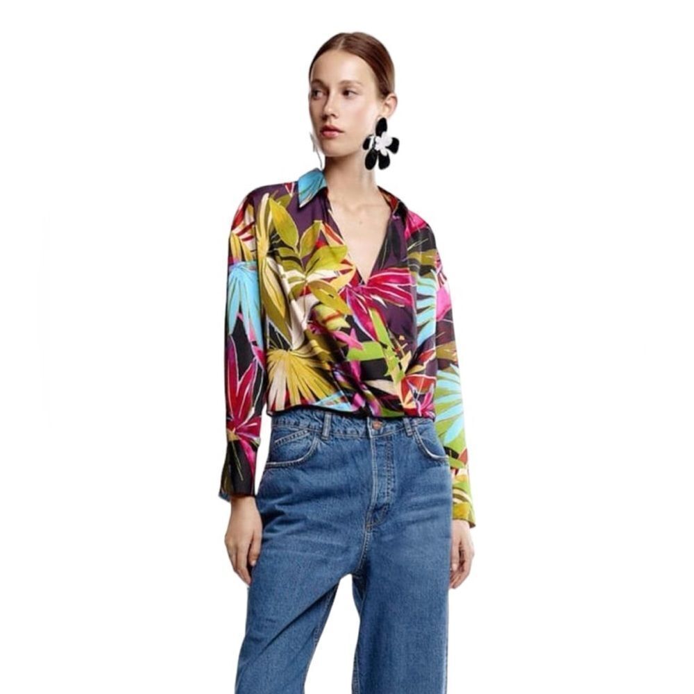 Zara Tropical Flower Print Long Sleeve Cropped Blouse